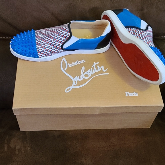 Louboutin Blue Spike Leather and Loubi Print Nazapunta Skate Sneakers Si…